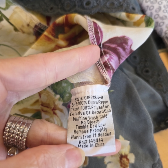 Johnny Was Floral Blouse - Purple, Yellow, Cream. 34" long, chest is 25".  Silk. - Picture 9 of 9